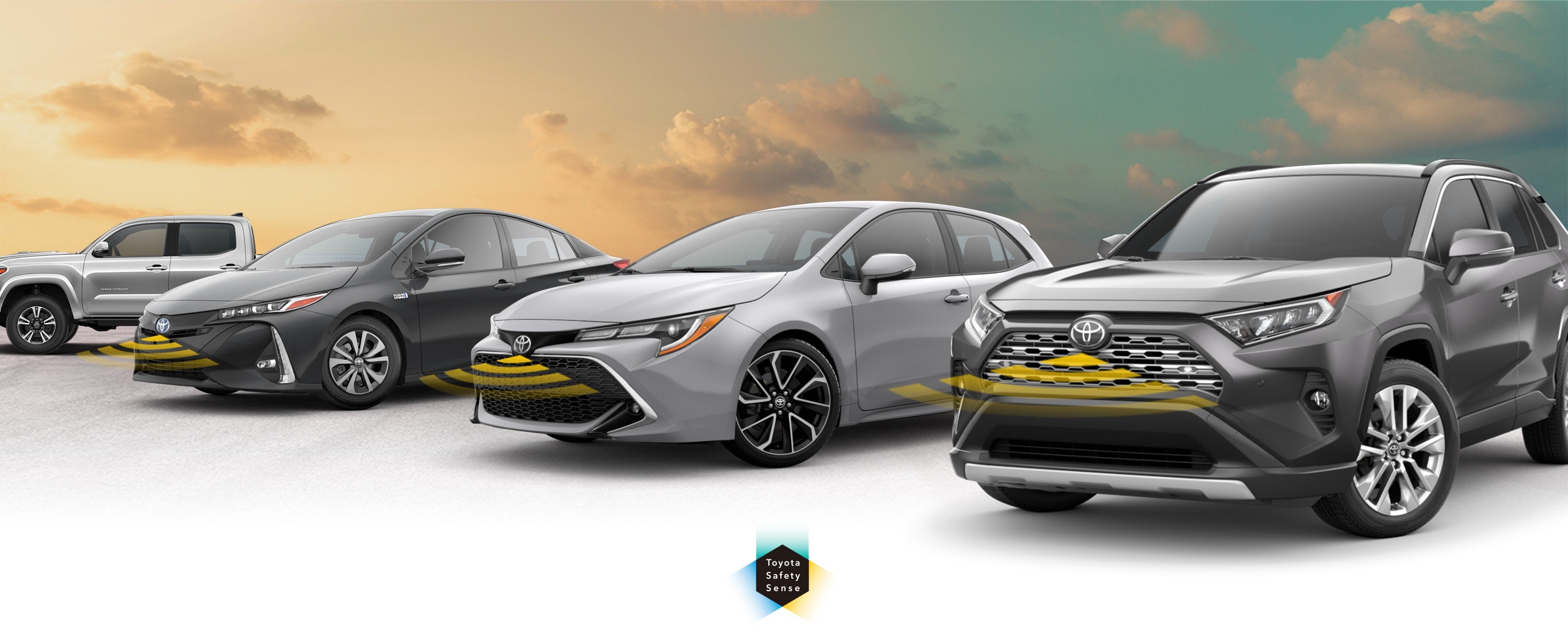 Toyota Safety Sense: Designed for Safety. Options shown on Toyota models including RAV4, Tacoma, and Camry, available now at Koch 33 Toyota in Easton PA.