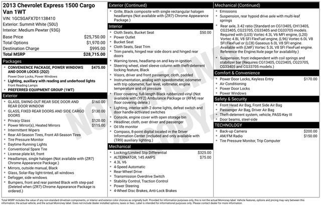 2013 Chevrolet Express 1500 Work Van Cargo
